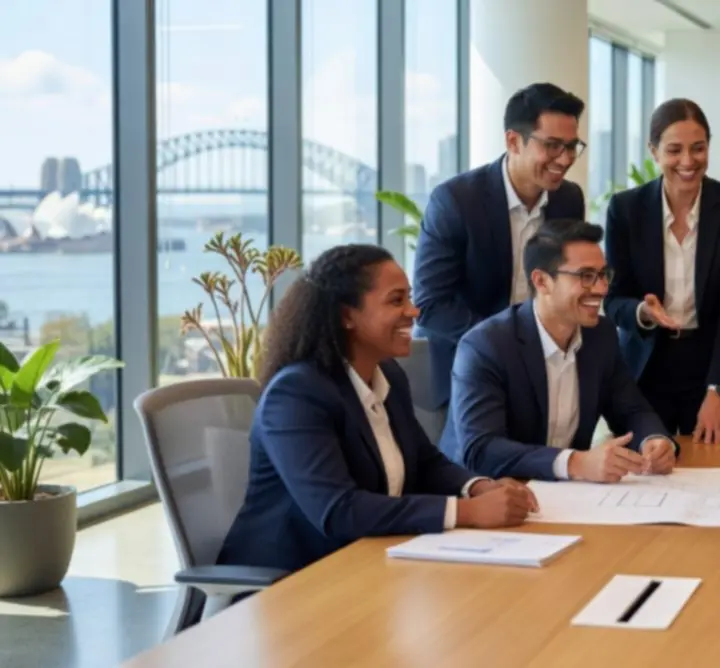 The AU Lucky Lotto team collaborating in an Australian office setting.